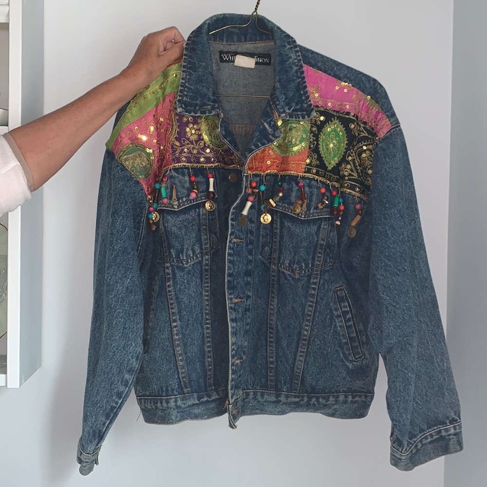 Vintage denim Beyoncé renaissance jean jacket with beading swiftie fringe 1980